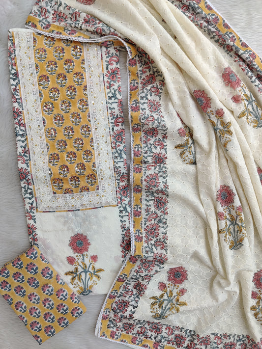 Exclusive Unstitched Cotton Suit with Mulmul Embroidery Dupatta