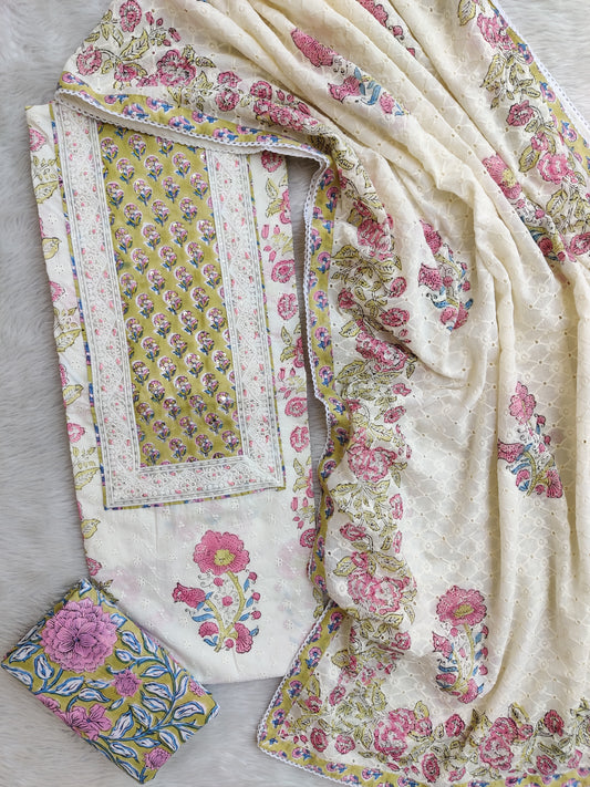 Exclusive Unstitched Cotton Suit with Mulmul Embroidery Dupatta