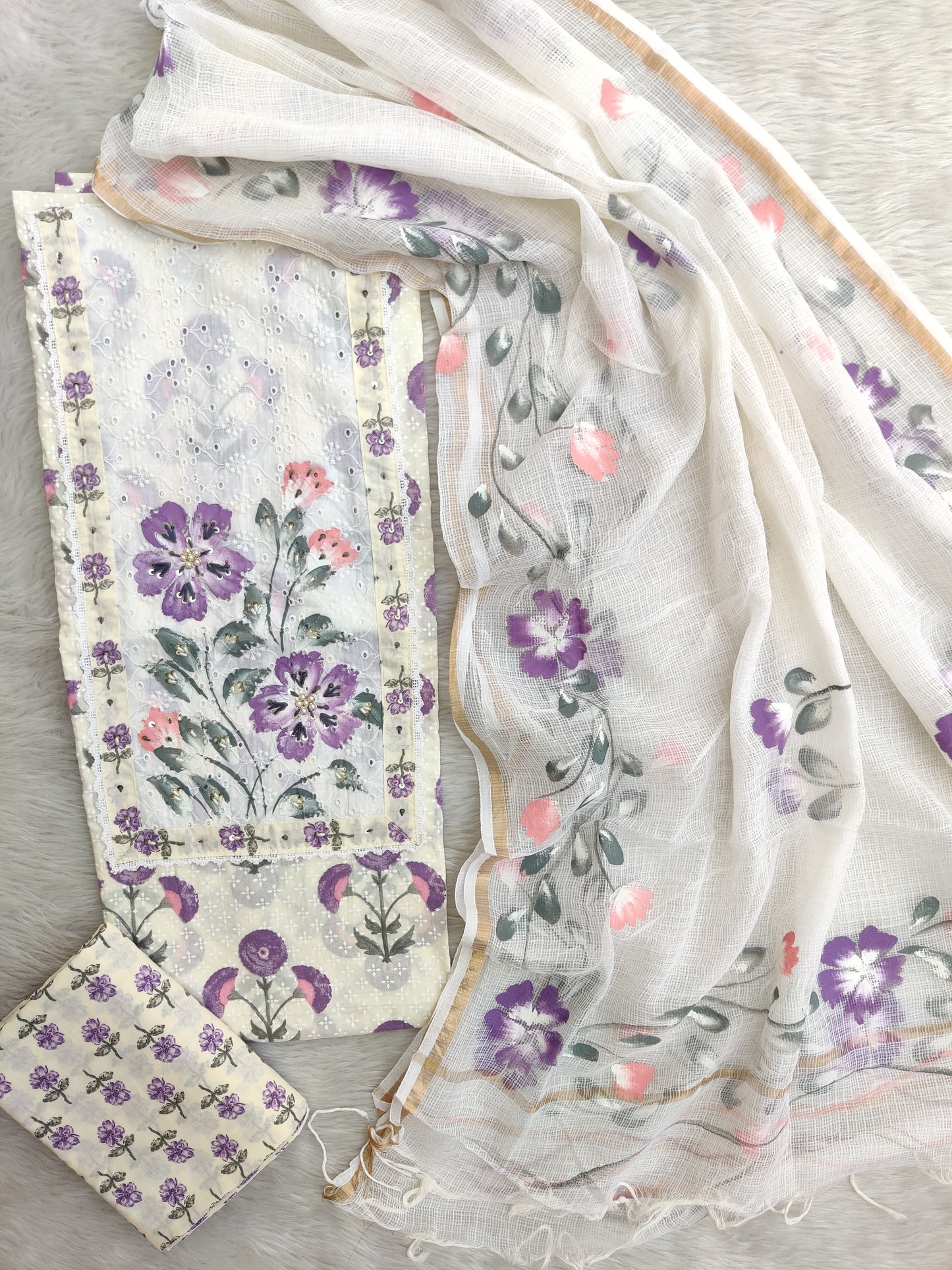 JAIPURI PRINTED NECK WORK SUITS WITH KOTA DORIA DUPATTA