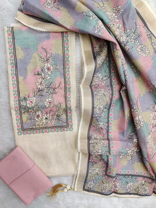 Exclusive Unstitched Linen Neck Work Suits with Linen Digital Printed Dupatta