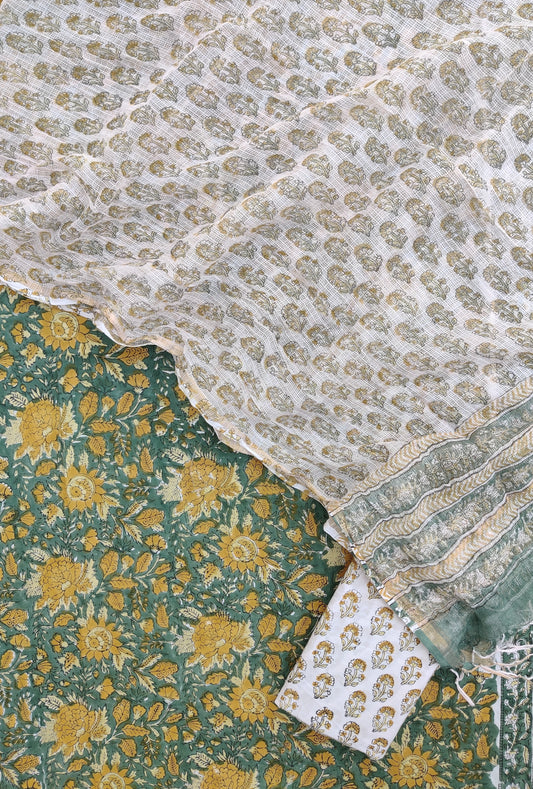 Hand Block Printed Cotton Suit with Cotton Kota Doria dupatta