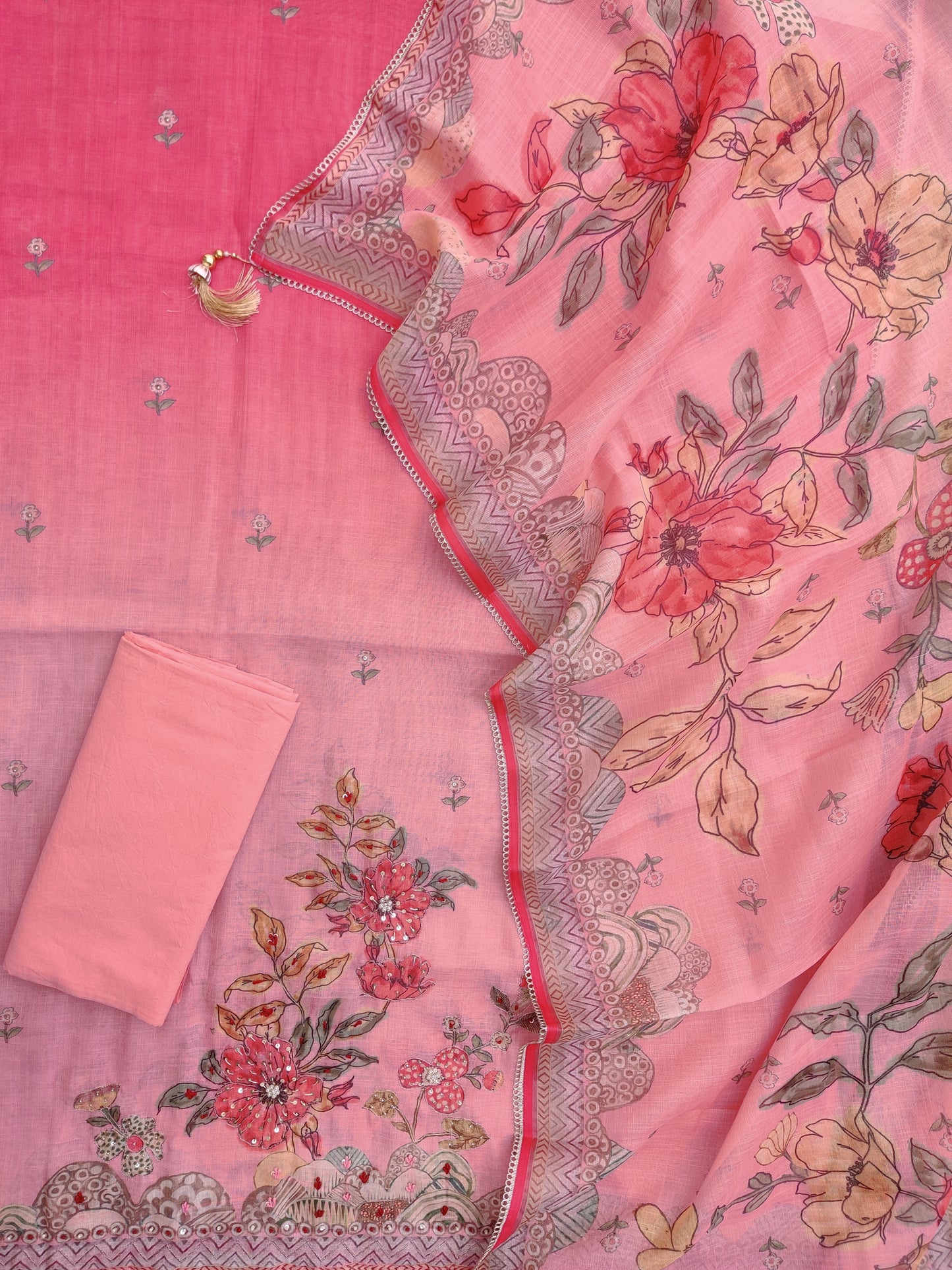 Exclusive Unstitched Linen Neck Work Suits with Linen Digital Printed Dupatta