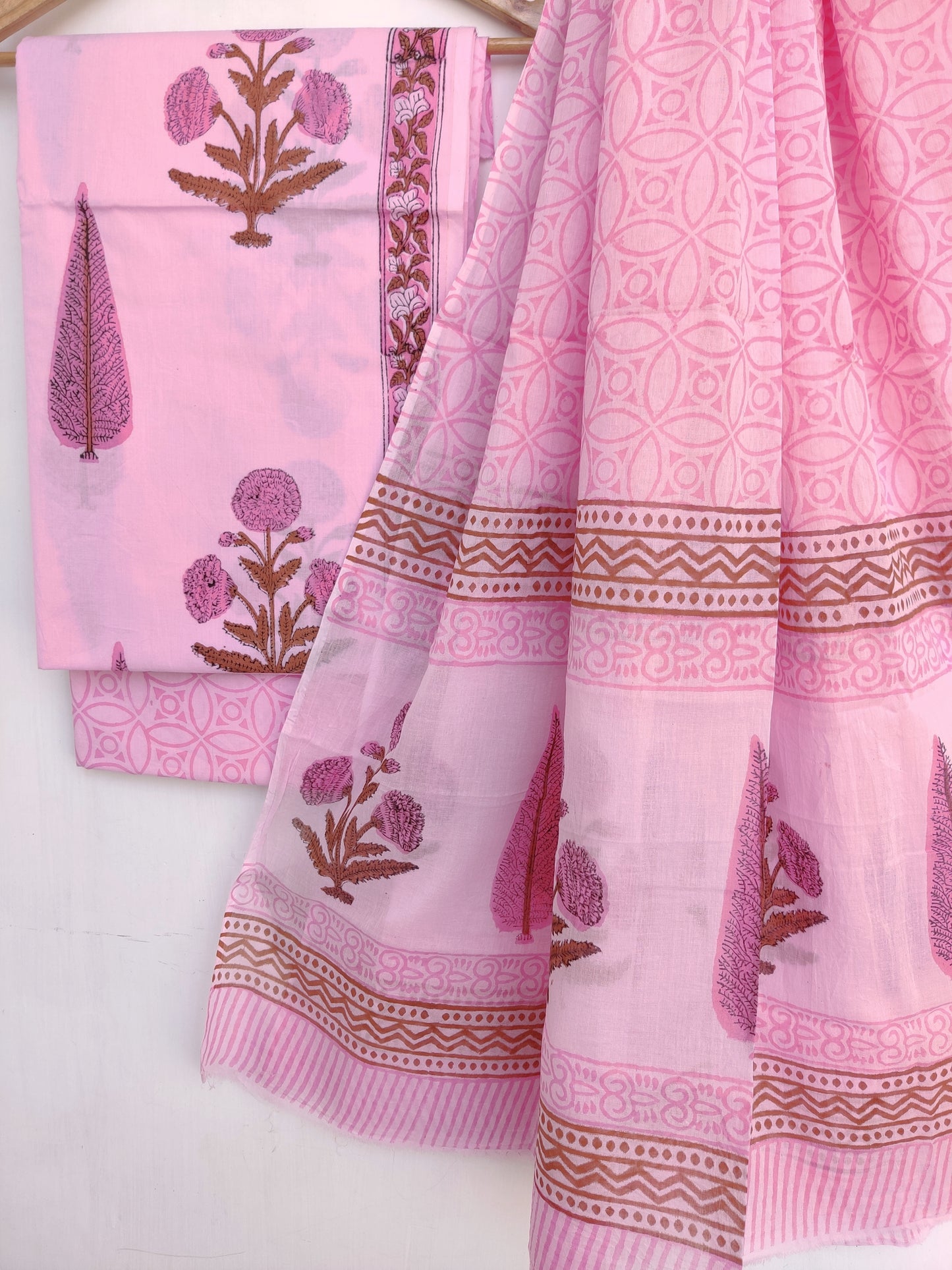 Hand Block Printed Cotton Suit With Mulmul Cotton Dupatta