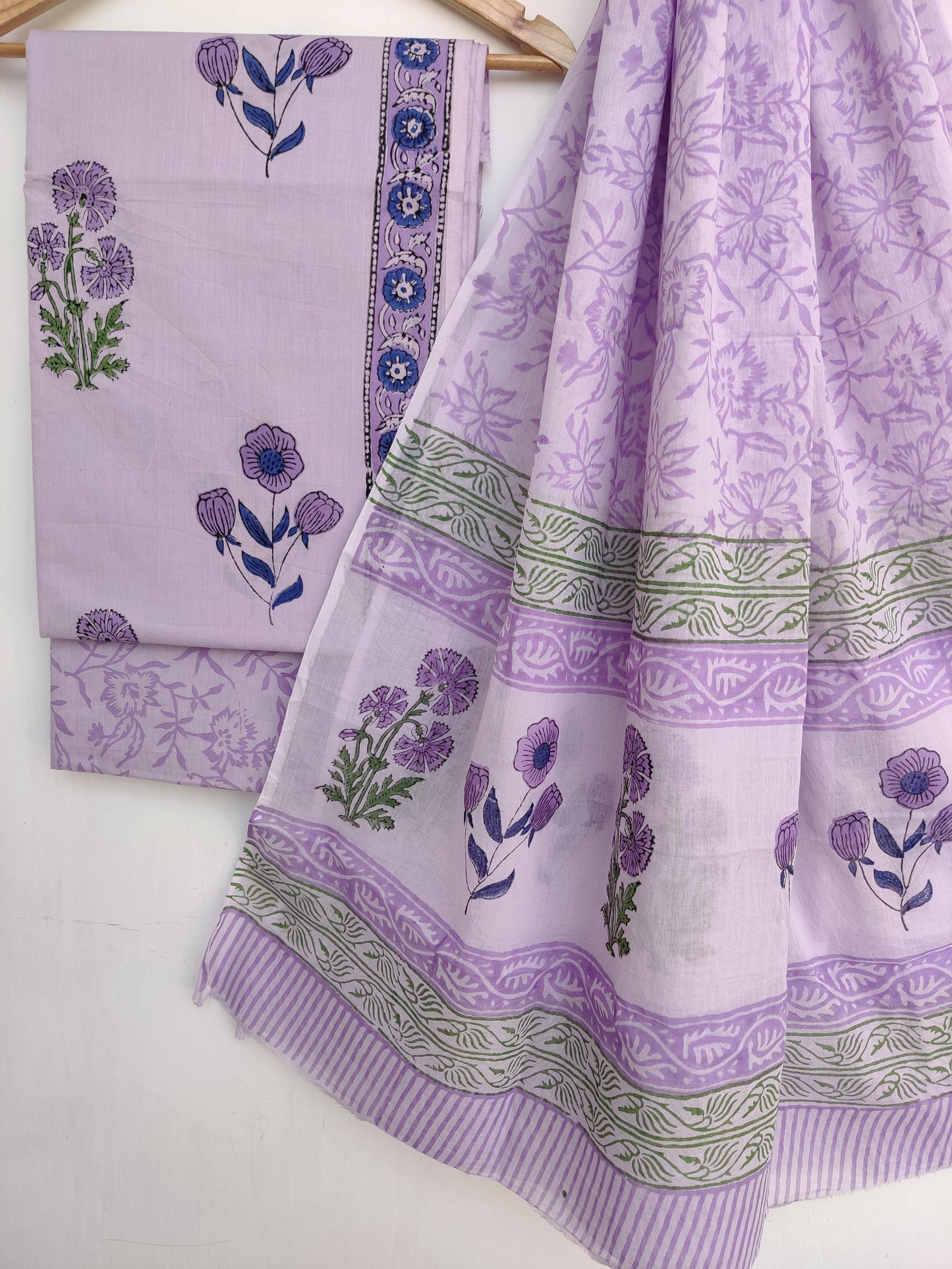 Hand Block Printed Cotton Suit With Mulmul Cotton Dupatta