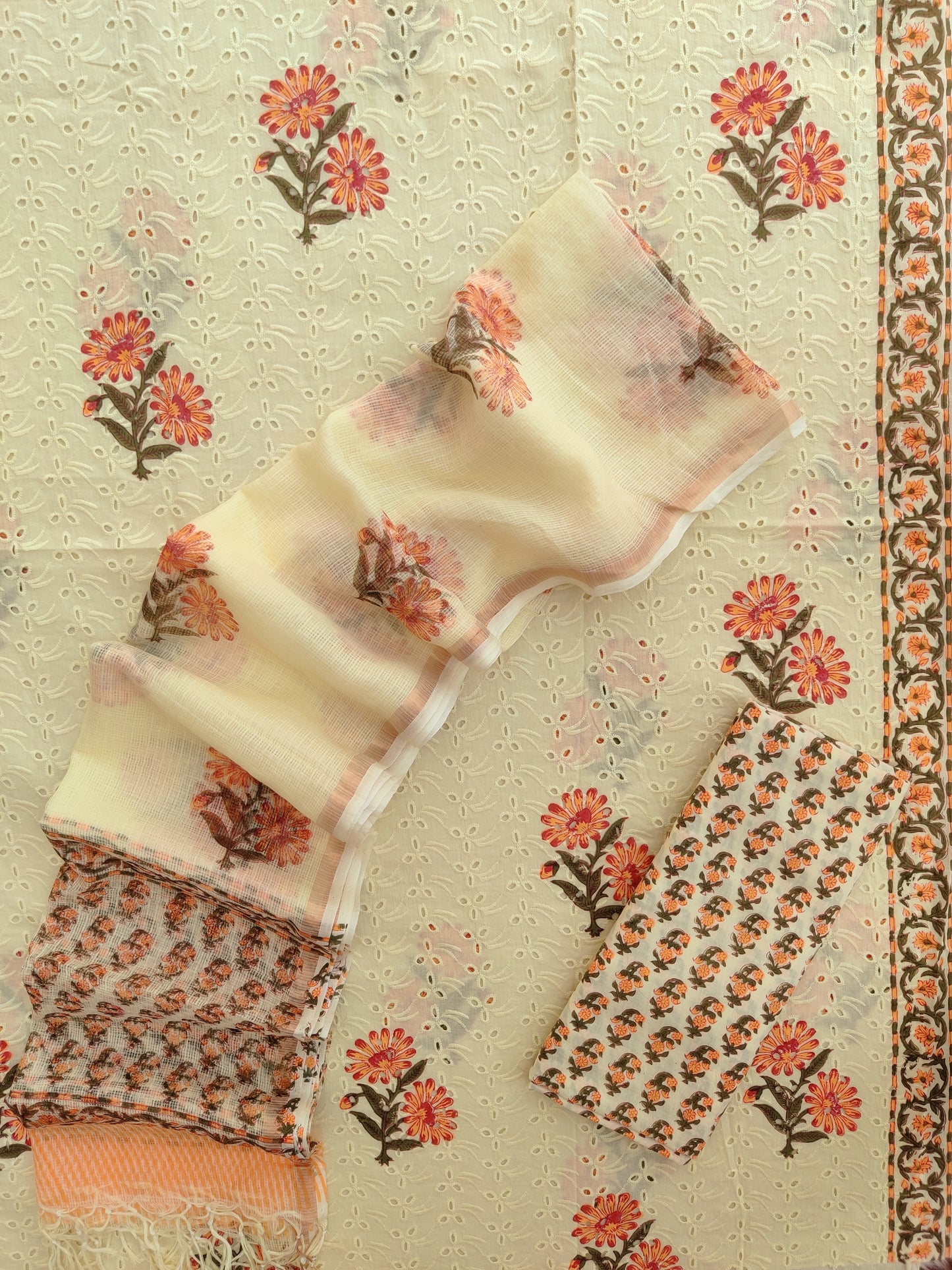 Hand Block Printed Cotton Schiffli Suit with Kota Doria Dupatta