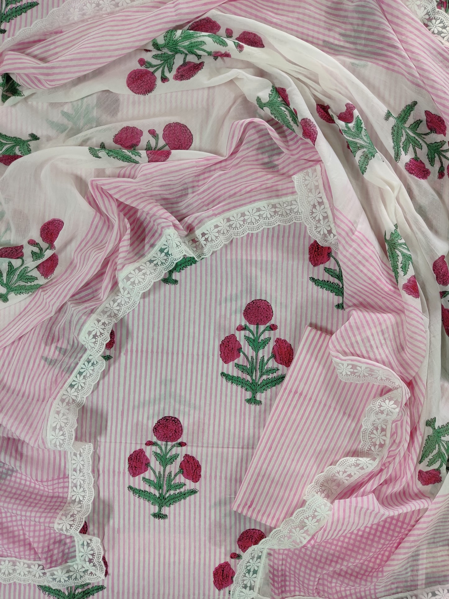 Hand Block Printed Cotton Suit With Lace Work Mulmul Dupatta