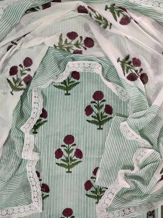 Hand Block Printed Cotton Suit With Lace Work Mulmul Dupatta
