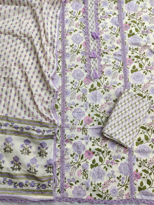 Exclusive Unstitched Cotton Neck Work Suits with Mulmul Dupatta