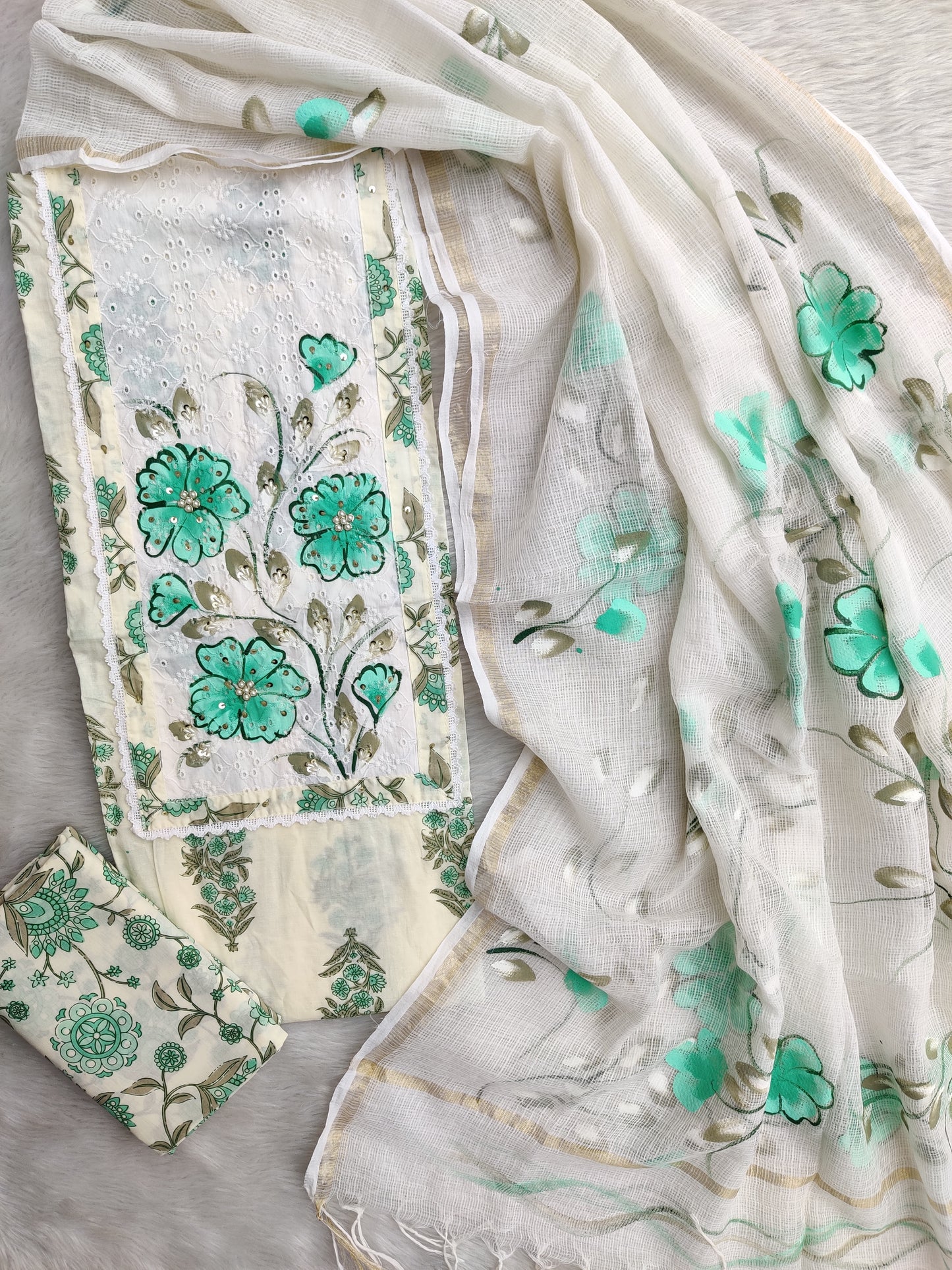 JAIPURI PRINTED NECK WORK SUITS WITH KOTA DORIA DUPATTA