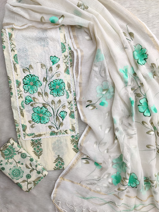 JAIPURI PRINTED NECK WORK SUITS WITH KOTA DORIA DUPATTA