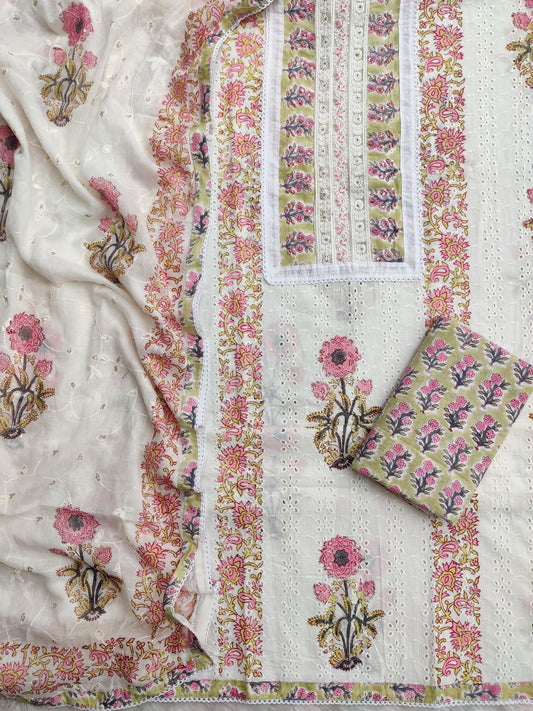 Exclusive Unstitched Cotton Suit with Mulmul Embroidery Dupatta