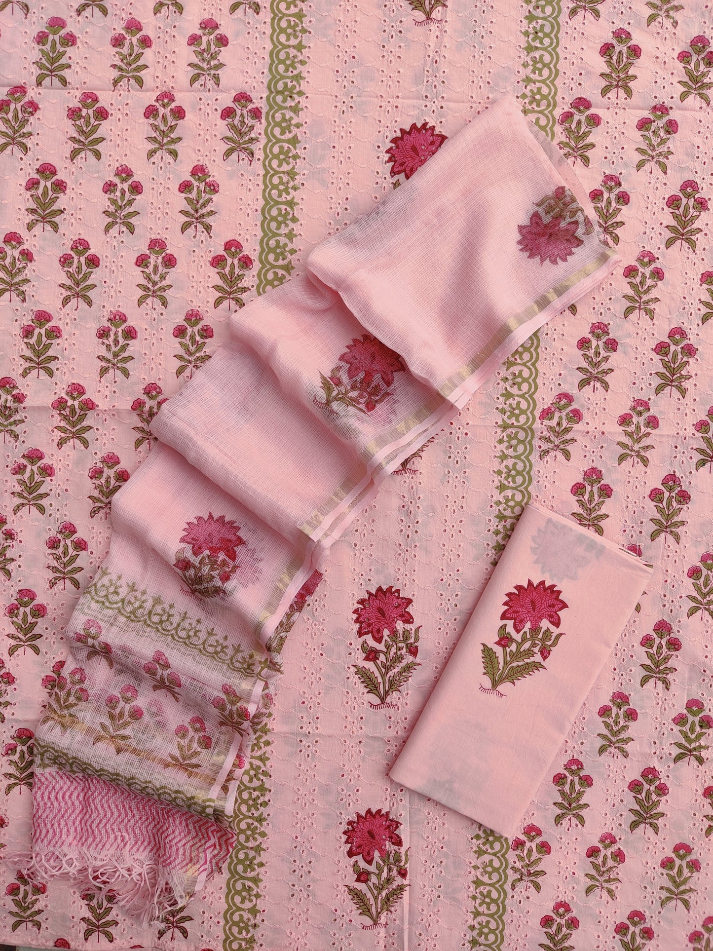 Hand Block Printed Cotton Schiffli Suit with Kota Doria Dupatta