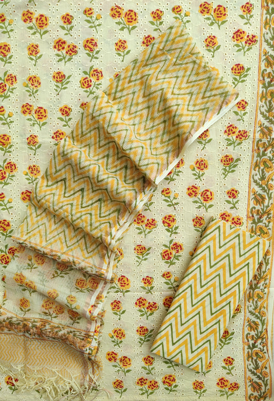 Hand Block Printed Cotton Schiffli Suit with Kota Doria Dupatta