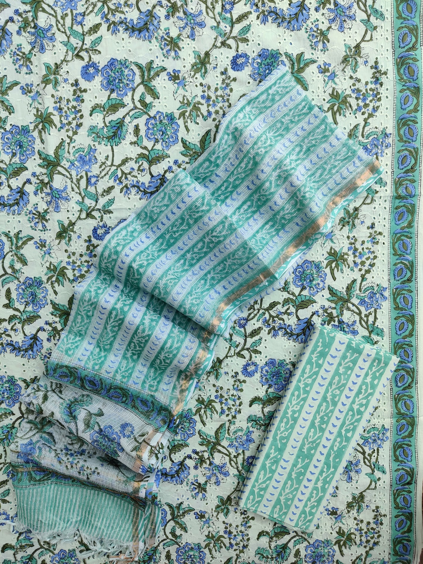 Hand Block Printed Cotton Schiffli Suit with Kota Doria Dupatta