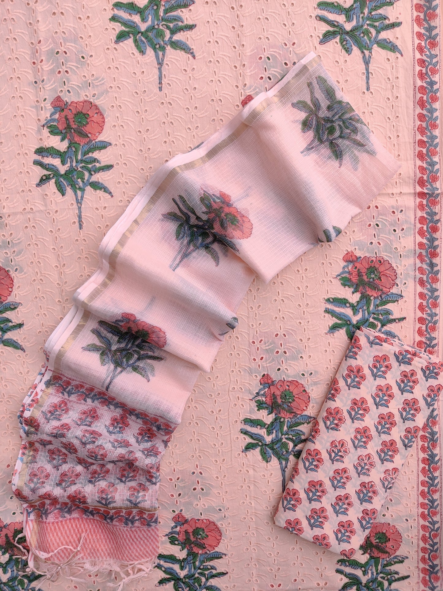 Hand Block Printed Cotton Schiffli Suit with Kota Doria Dupatta