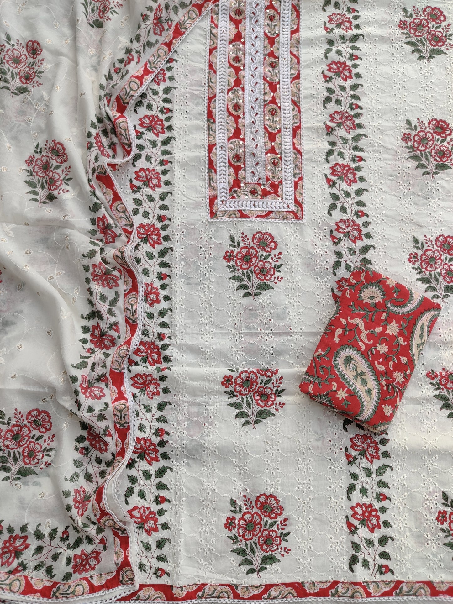 Exclusive Unstitched Cotton Suit with Mulmul Embroidery Dupatta
