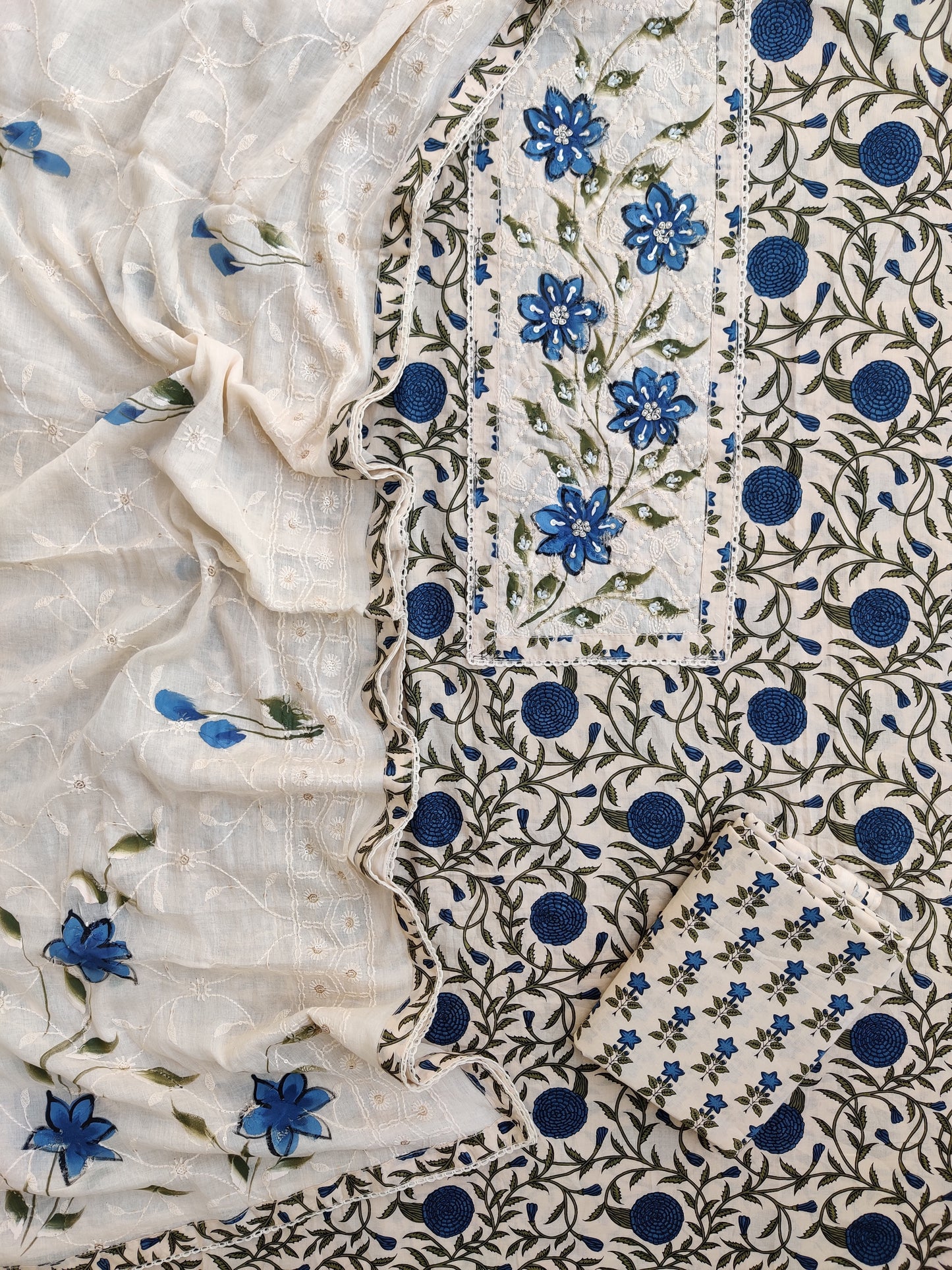 Exclusive Unstitched Cotton Neck Work Suits with Mulmul Embroidery Dupatta