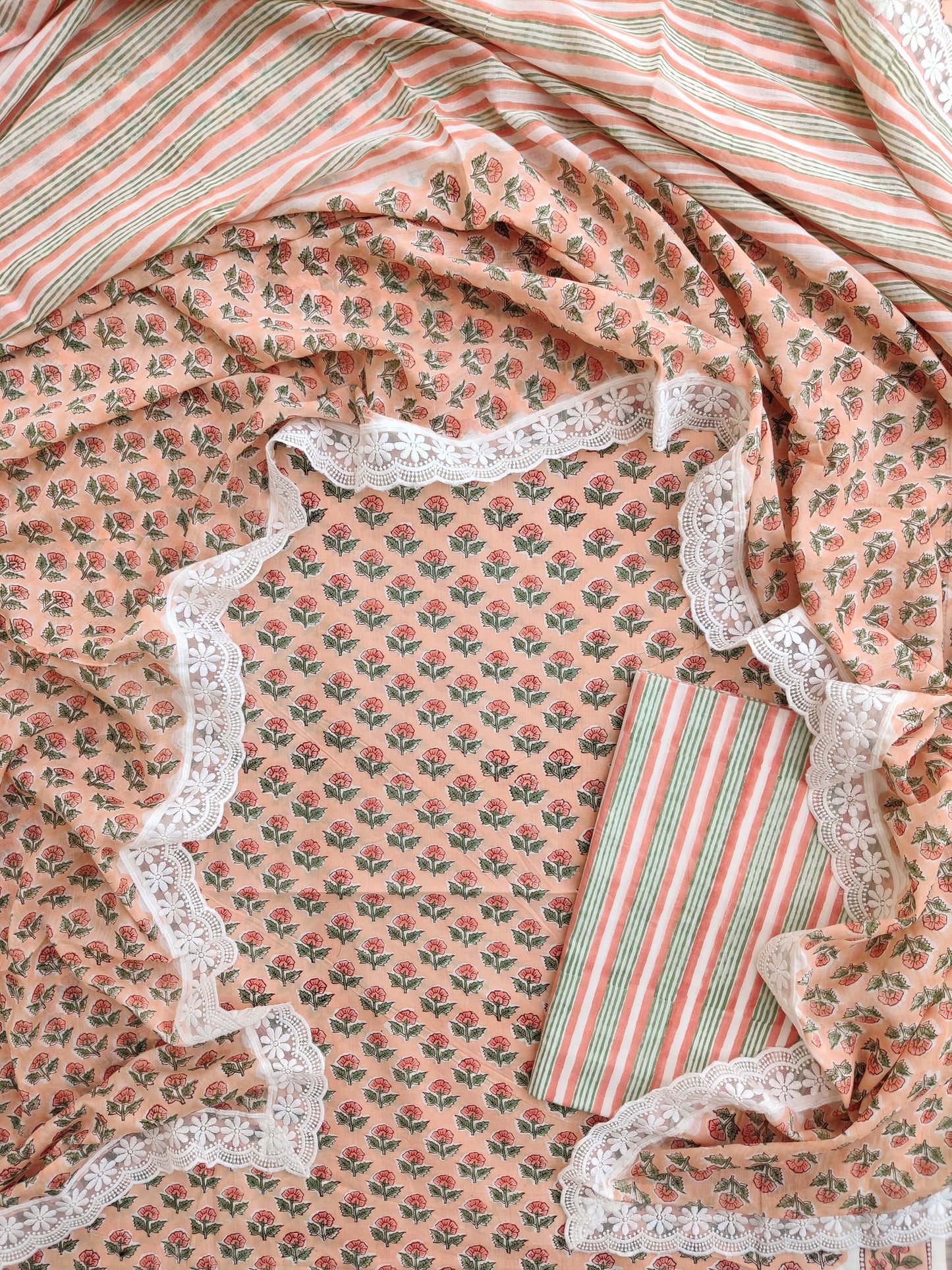 Hand Block Printed Cotton Suit With Lace Work Mulmul Dupatta