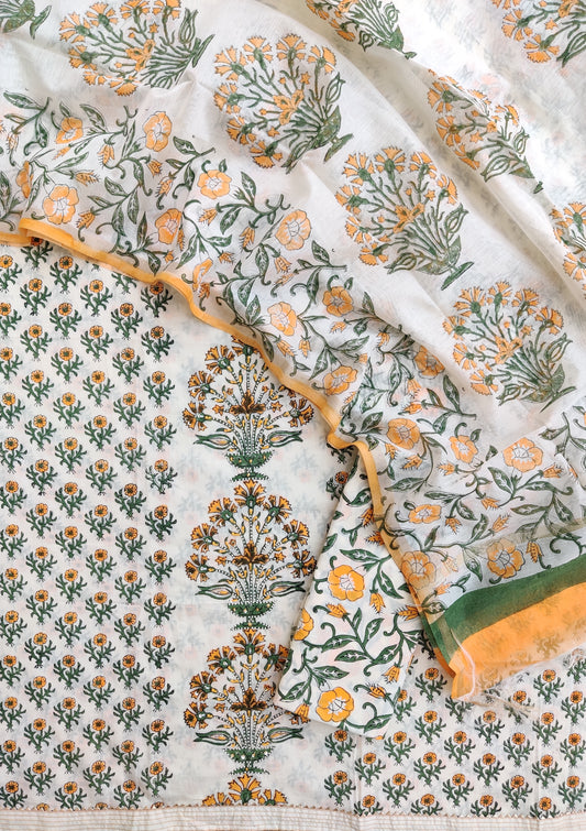 Hand Block Printed Cotton Suit with Mul Chanderi Dupatta
