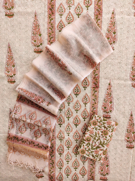 Hand Block Printed Cotton Schiffli Suit with Kota Doria Dupatta