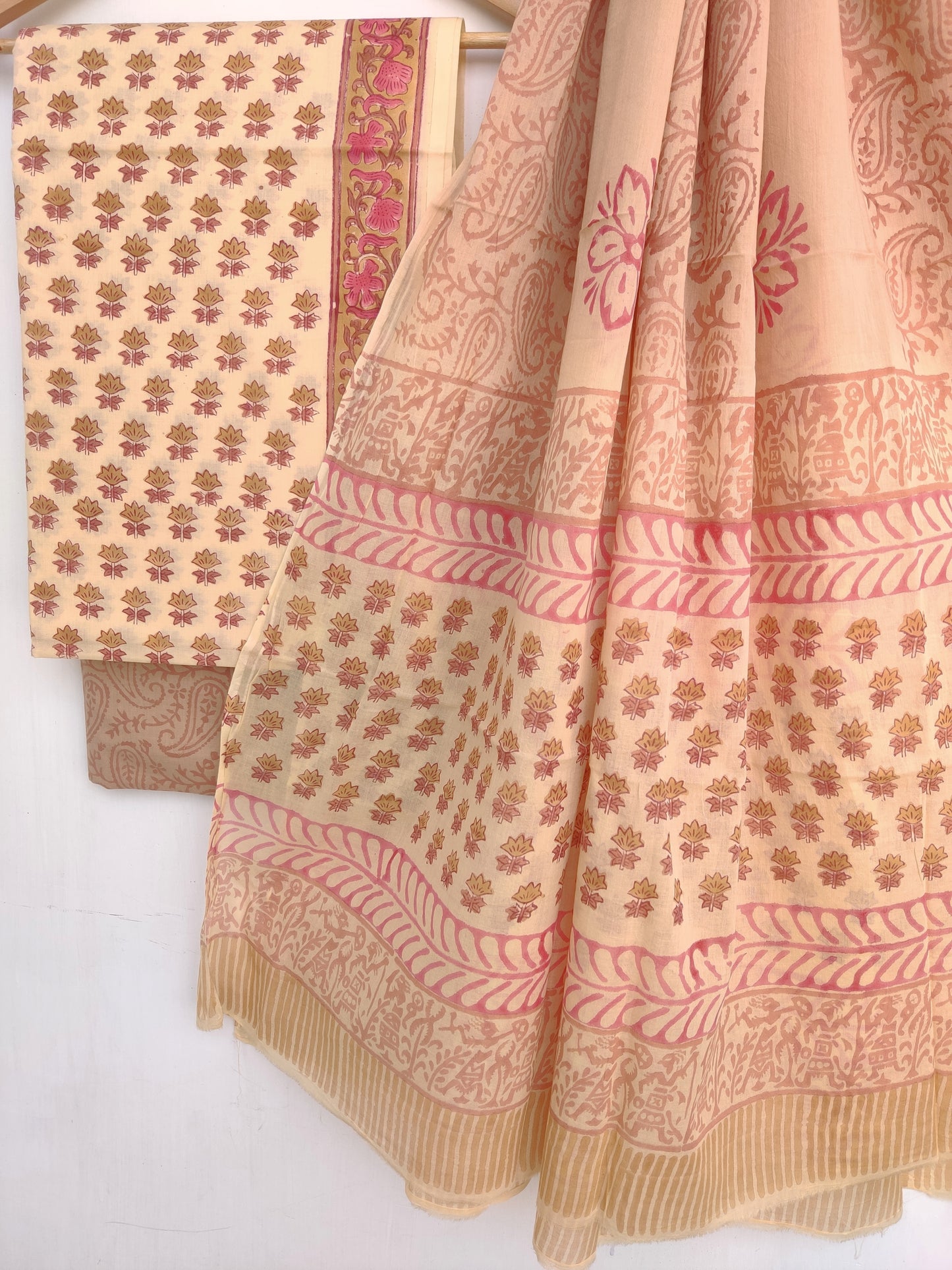 Hand Block Printed Cotton Suit With Mulmul Cotton Dupatta