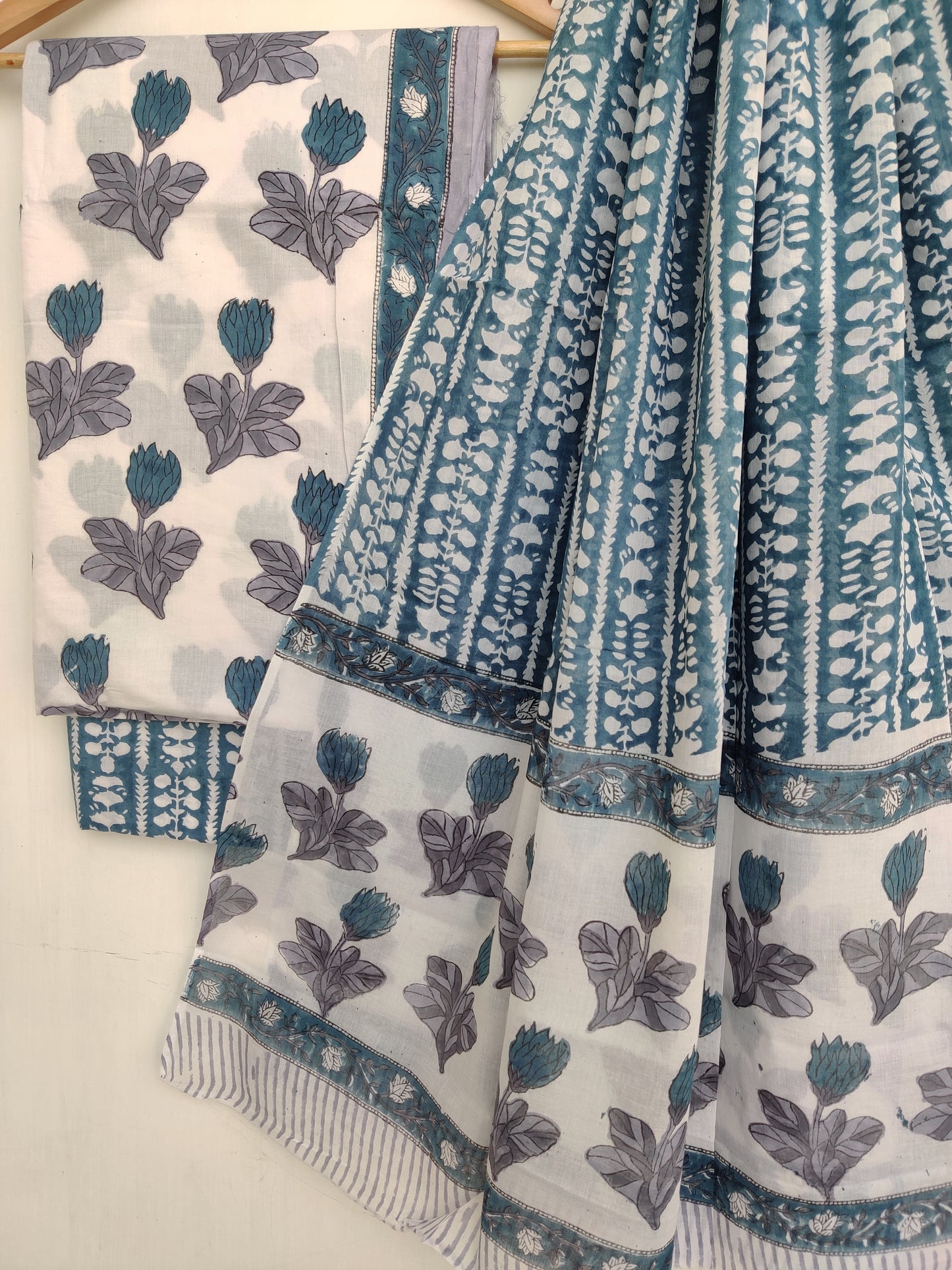 Hand Block Printed Cotton Suit With Mulmul Cotton Dupatta