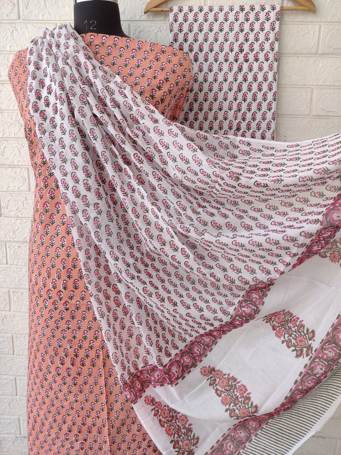 Hand Block Printed Cotton Suit With Mulmul Cotton Dupatta