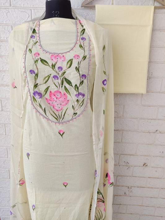 Exclusive Unstitched Cotton Neck Work Suits with Chiffon Dupatta
