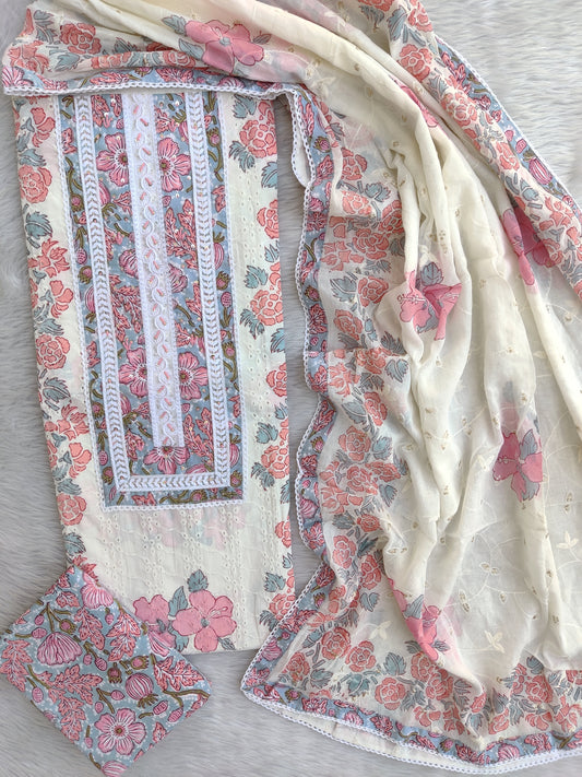 Exclusive Unstitched Cotton Suit with Mulmul Embroidery Dupatta