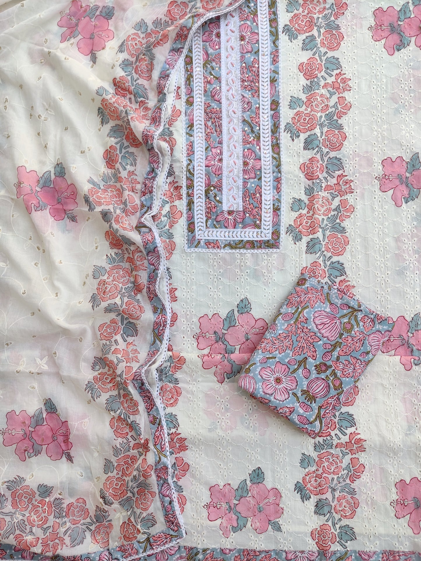 Exclusive Unstitched Cotton Suit with Mulmul Embroidery Dupatta