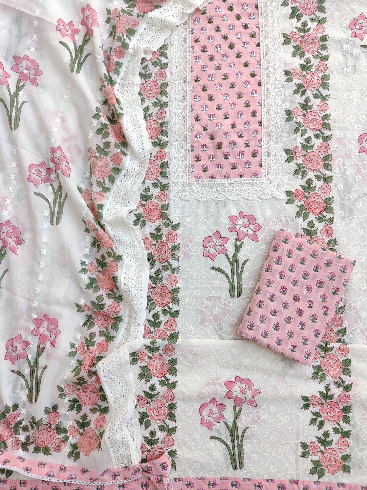 Exclusive Unstitched Cotton Suit with Mulmul Embroidery Dupatta