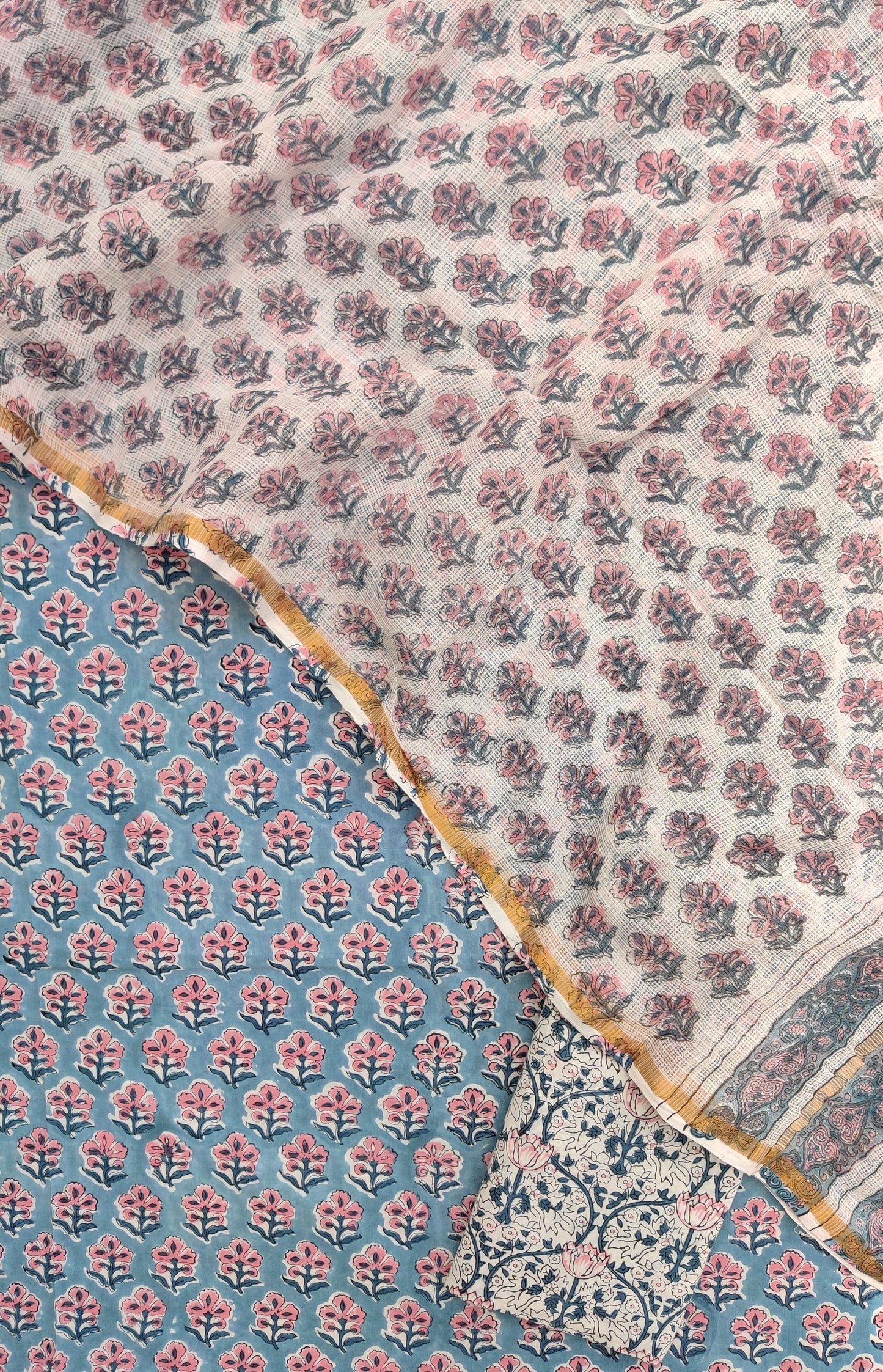 (SALE) Hand Block Printed Cotton Suit with Cotton Kota Doria dupatta