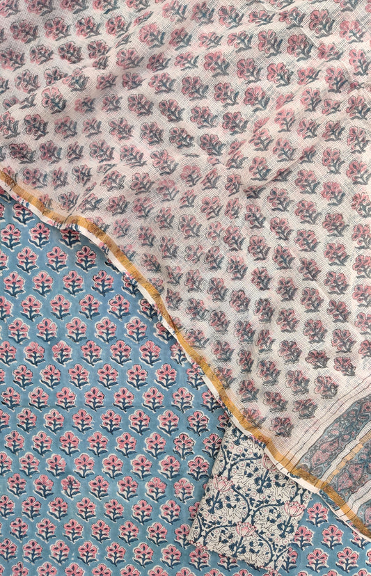 (SALE) Hand Block Printed Cotton Suit with Cotton Kota Doria dupatta