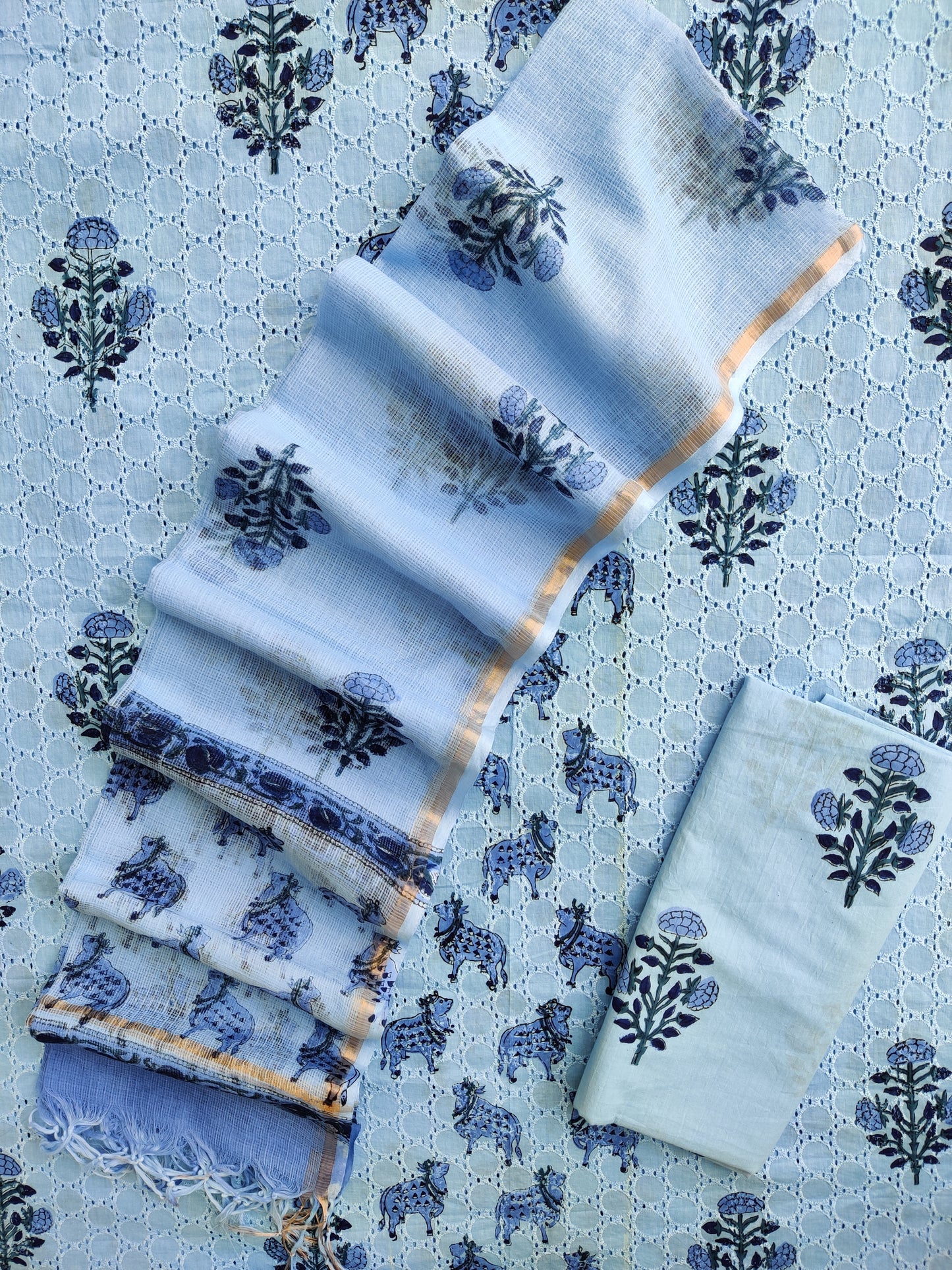 Hand Block Printed Cotton Schiffli Suit with Kota Doria Dupatta