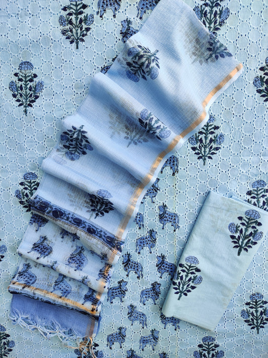 Hand Block Printed Cotton Schiffli Suit with Kota Doria Dupatta