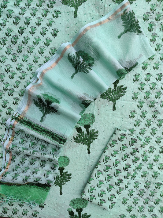 Hand Block Printed Cotton Schiffli Suit with Kota Doria Dupatta
