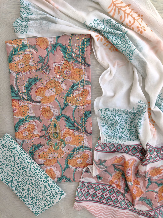 FLORAL PRINTED COTTON GOTA PATTI SUIT WITH COTTON DUPATTA