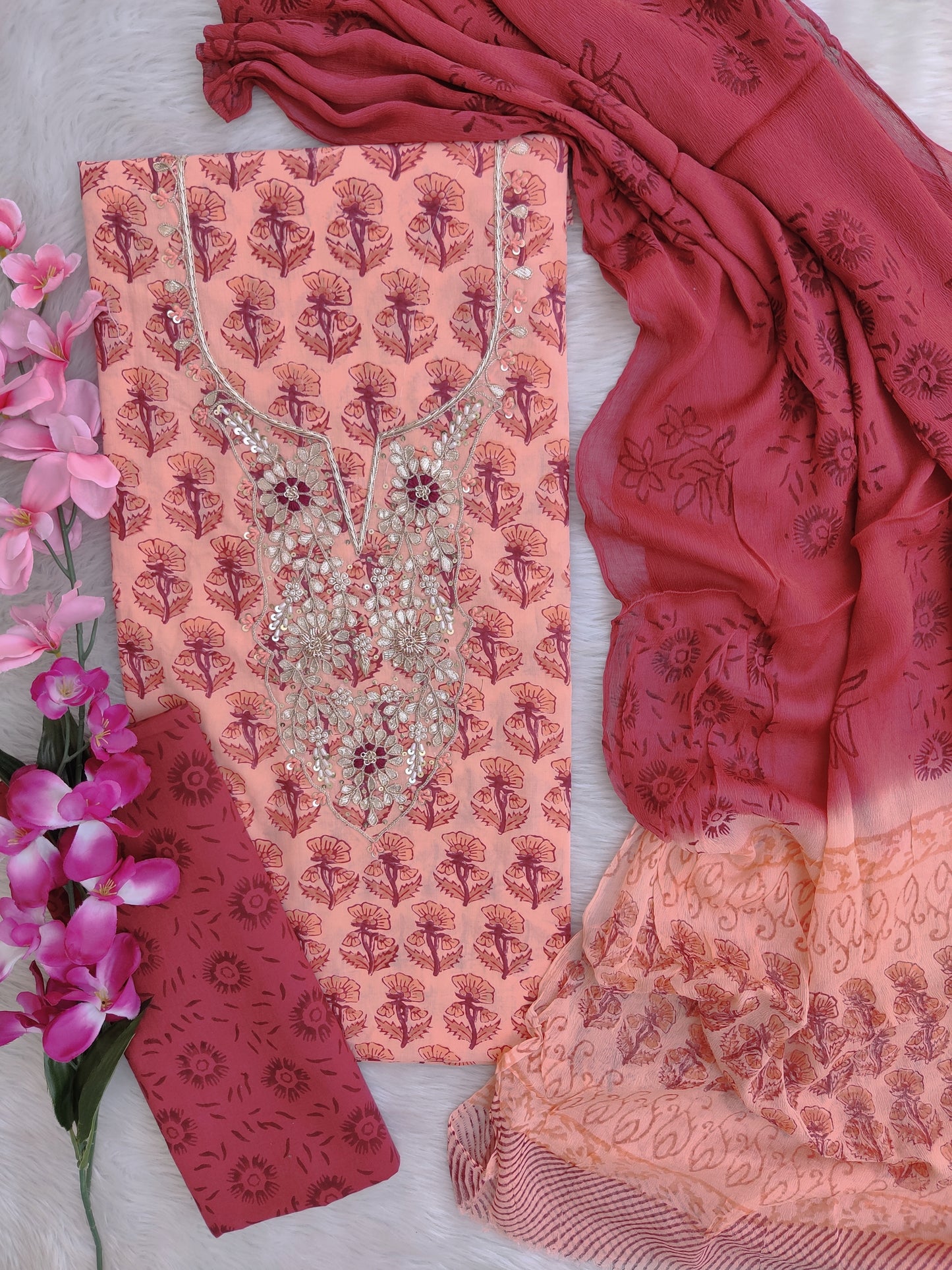 FLORAL PRINTED COTTON GOTA PATTI SUIT WITH CHIFFON DUPATTA