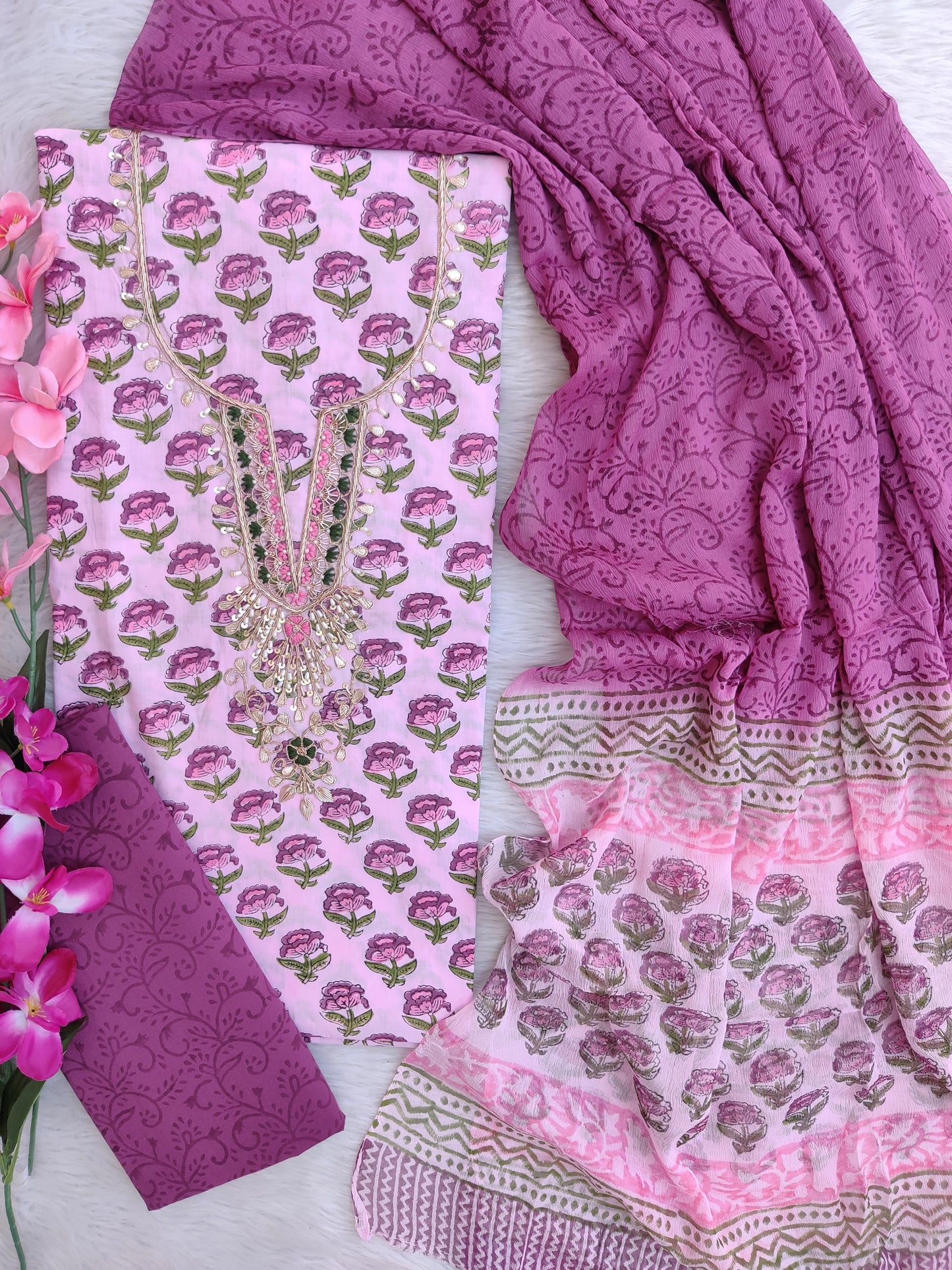 FLORAL PRINTED COTTON GOTA PATTI SUIT WITH CHIFFON DUPATTA