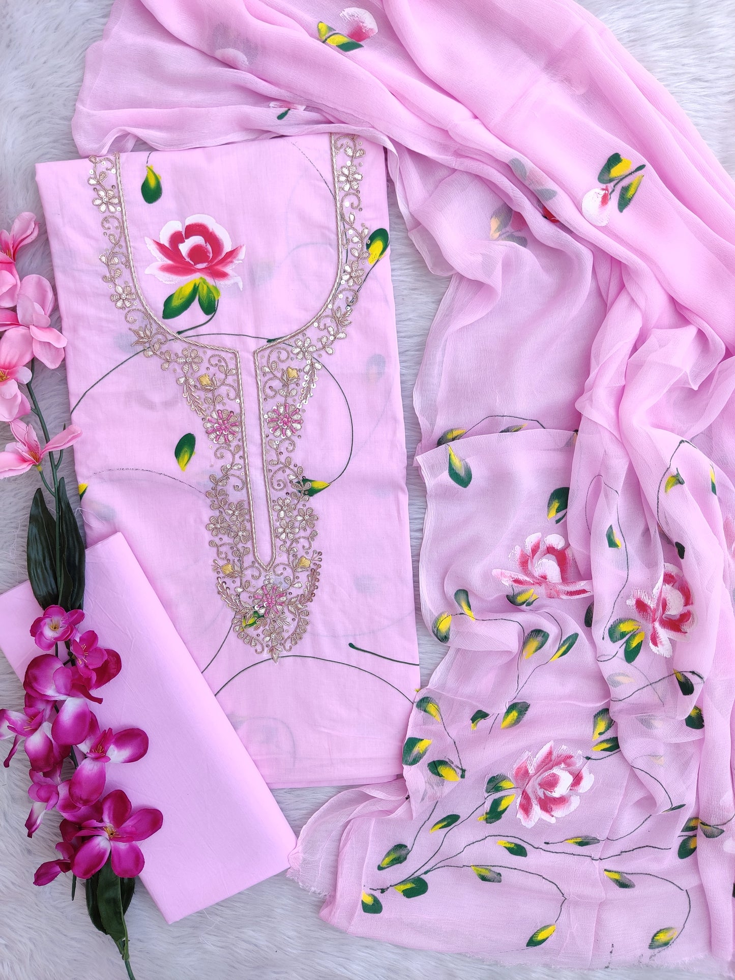 FLORAL PRINTED COTTON GOTA PATTI SUIT WITH CHIFFON DUPATTA