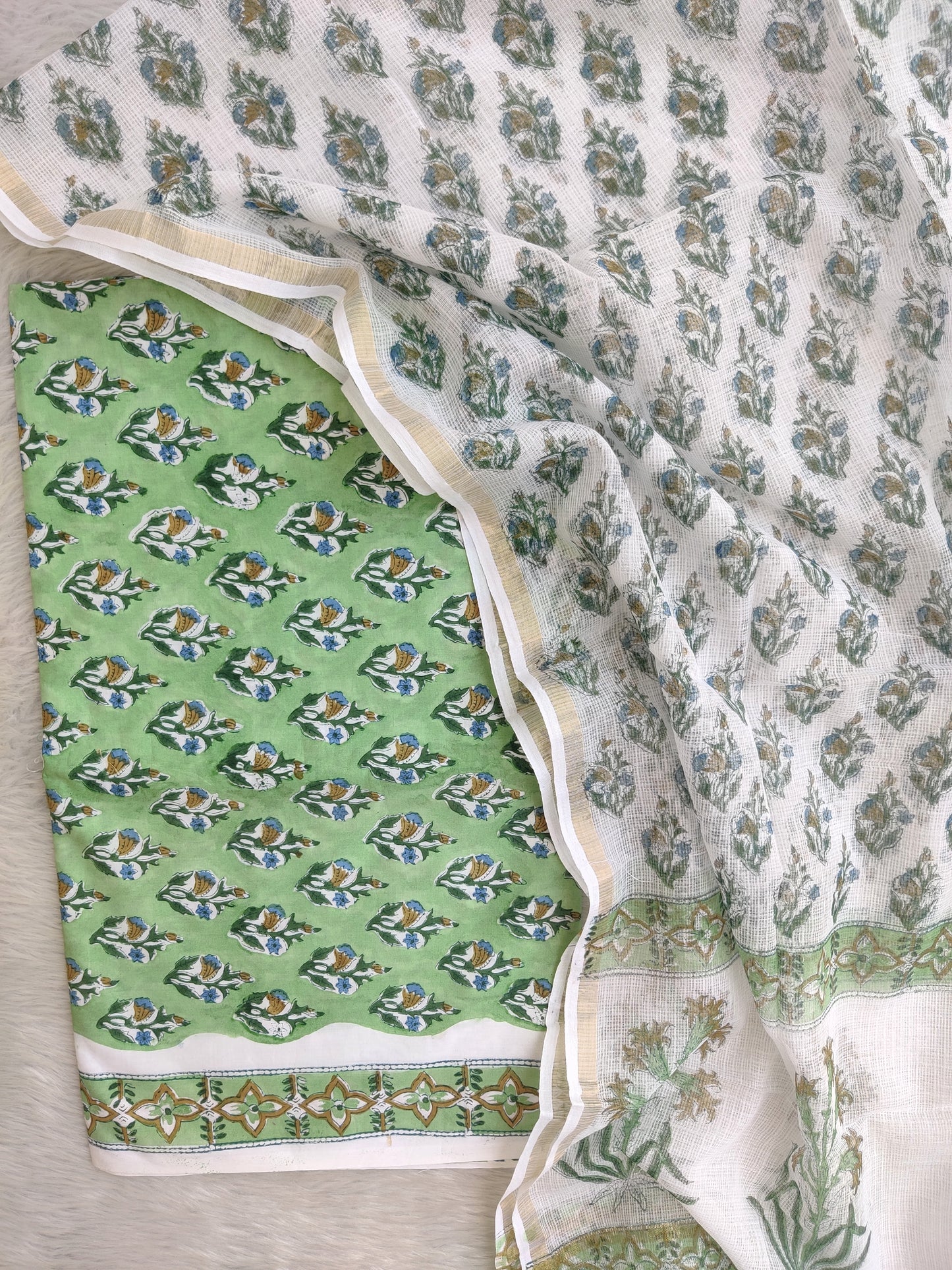 (All over) Hand Block Printed Cotton Suit with Cotton Kota Doria dupatta