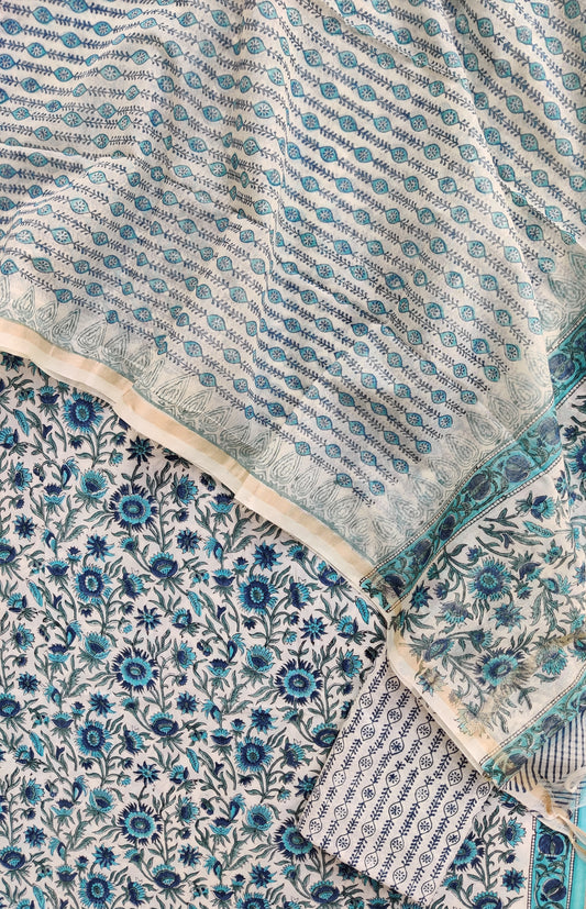 (SALE) Hand Block Printed Cotton Suit with Chanderi Dupatta