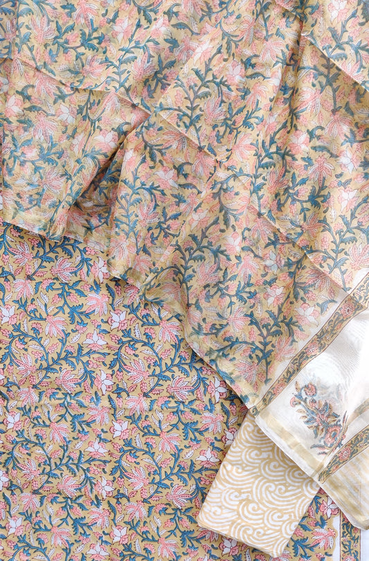 (SALE) Hand Block Printed Cotton Suit with Chanderi Dupatta