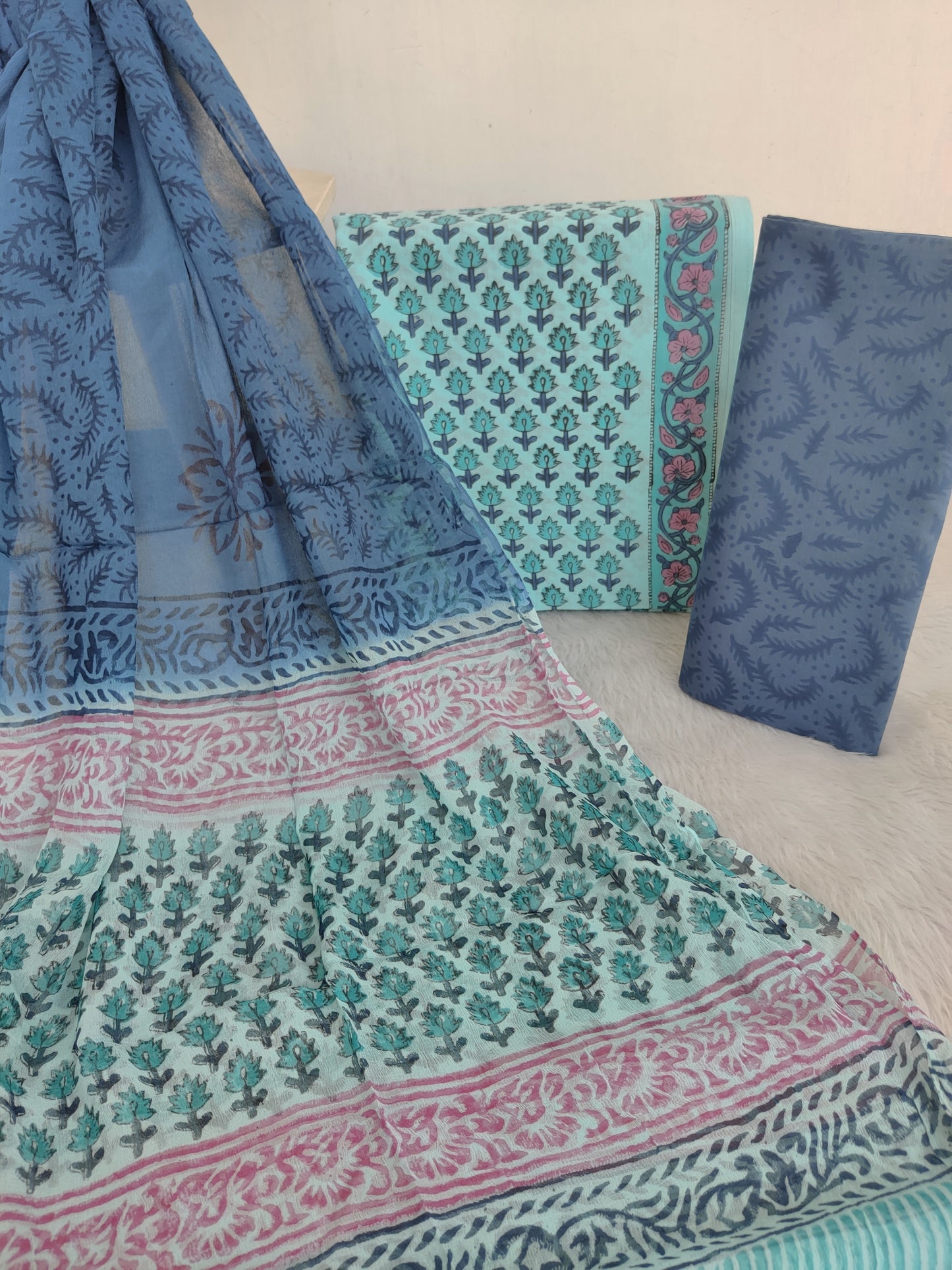 HAND BLOCK PRINTED COTTON SUIT WITH PURE CHIFFON DUPATTA