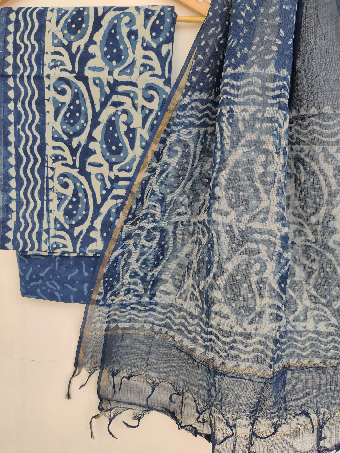 (SALE) Hand Block Printed Cotton Suit with Cotton Kota Doria dupatta