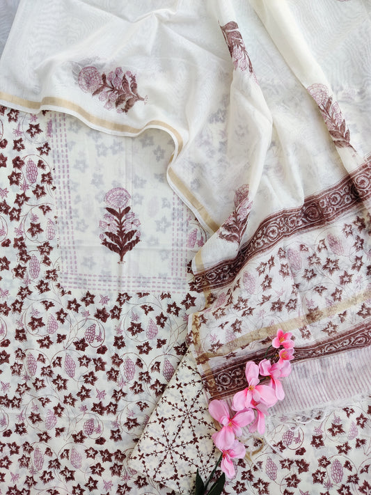 PANEL Hand Block Printed Cotton Suit with Mul Chanderi Dupatta