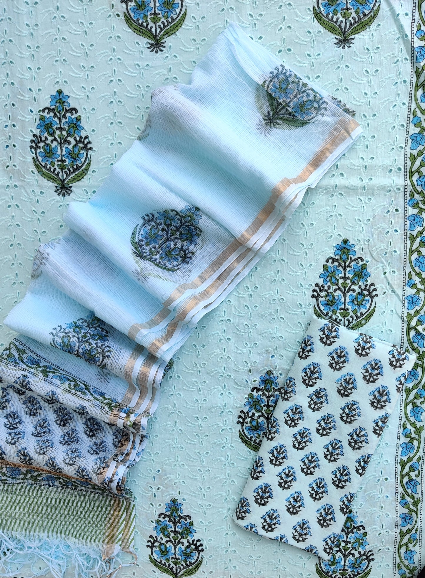 Hand Block Printed Cotton Schiffli Suit with Kota Doria Dupatta