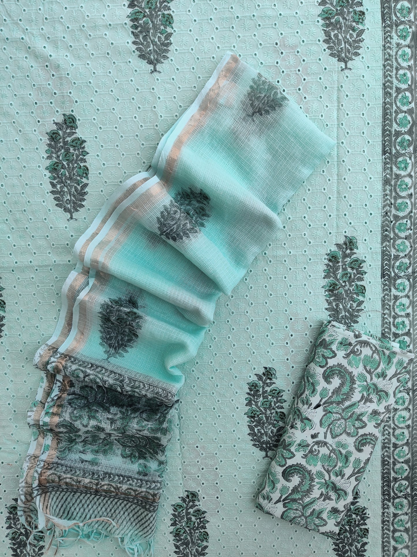 Hand Block Printed Cotton Schiffli Suit with Kota Doria Dupatta