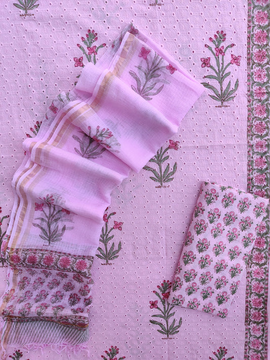 Hand Block Printed Cotton Schiffli Suit with Kota Doria Dupatta