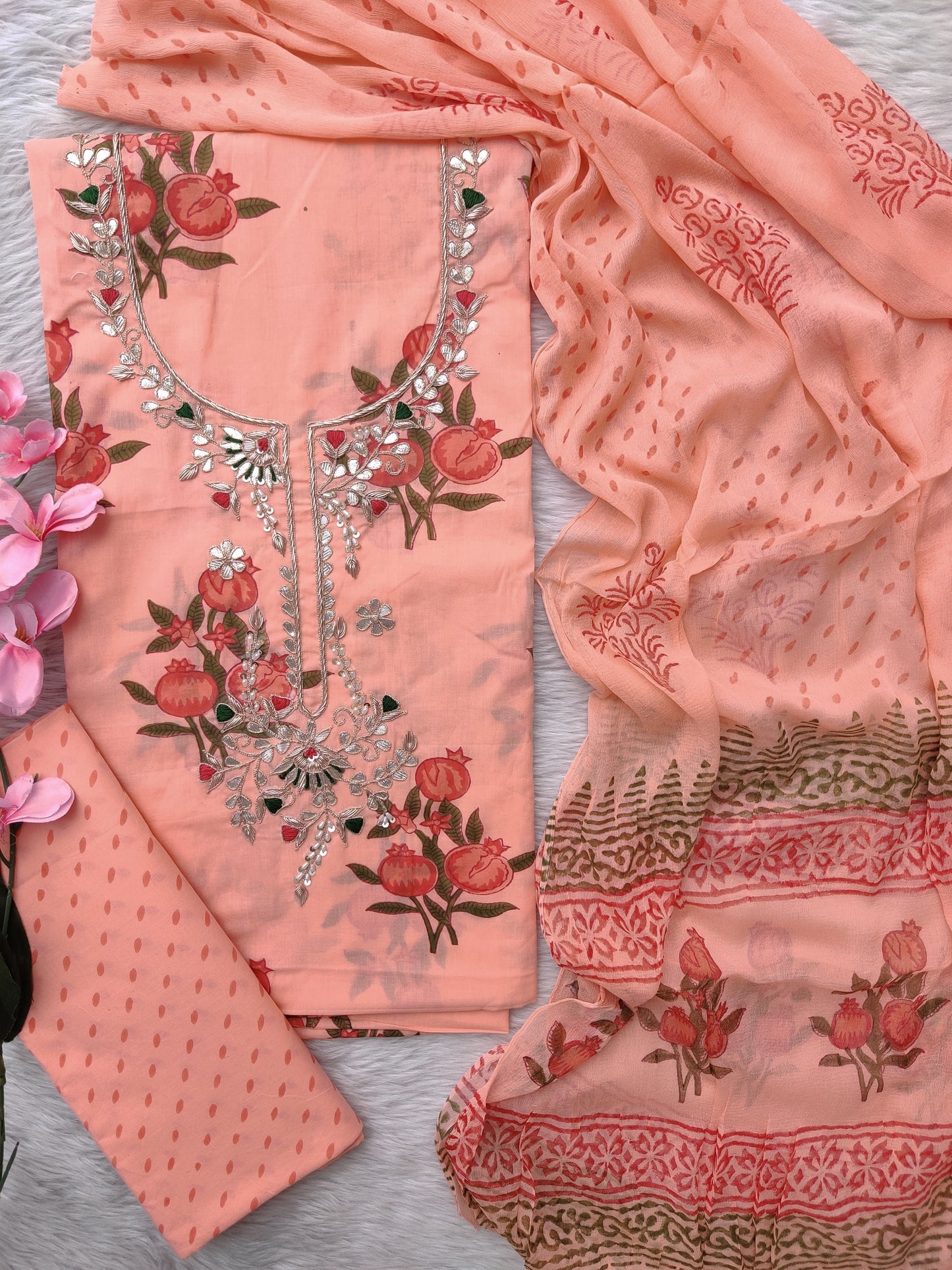FLORAL PRINTED COTTON GOTA PATTI SUIT WITH CHIFFON DUPATTA